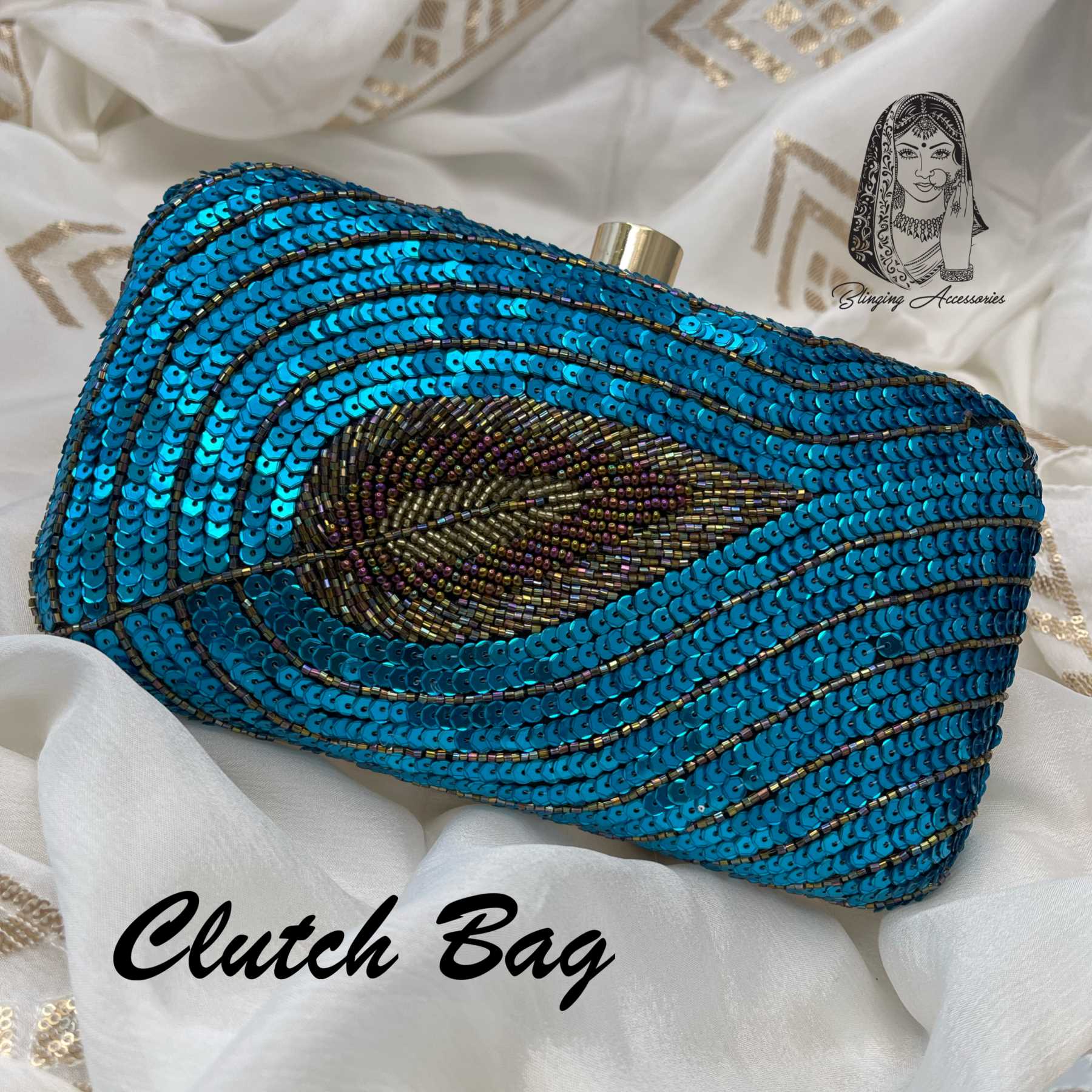 Peacock blue clutch on sale bag